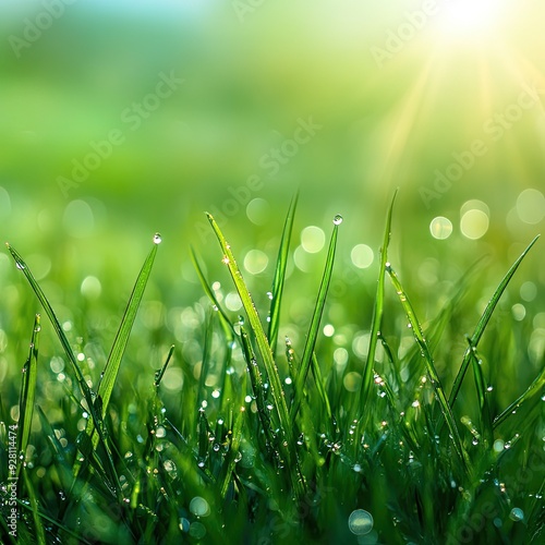 Beautiful close-up of green grass with dew drops sparkling in the sunlight, creating a fresh and vibrant natural atmosphere.