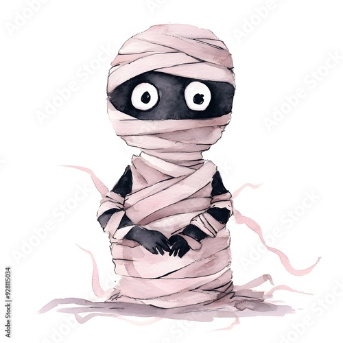 Cute Black Halloween Mummy in Pink and Black Watercolor Illustration.
