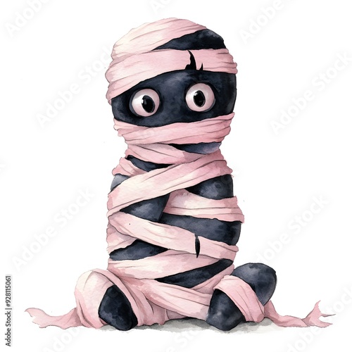 Cute Black Halloween Mummy in Pink and Black Watercolor Illustration.