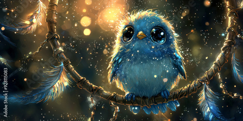 A cute little blue bird with big eyes sits on a dreamcatcher, generative AI