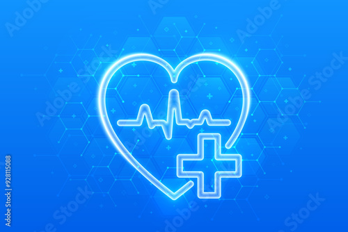 Healthcare. Health insurance. Heart with cross and heartbeat icon on blue medical background with hexagons. Health Care and Medical services banner. Molecular structure. Vector illustration.