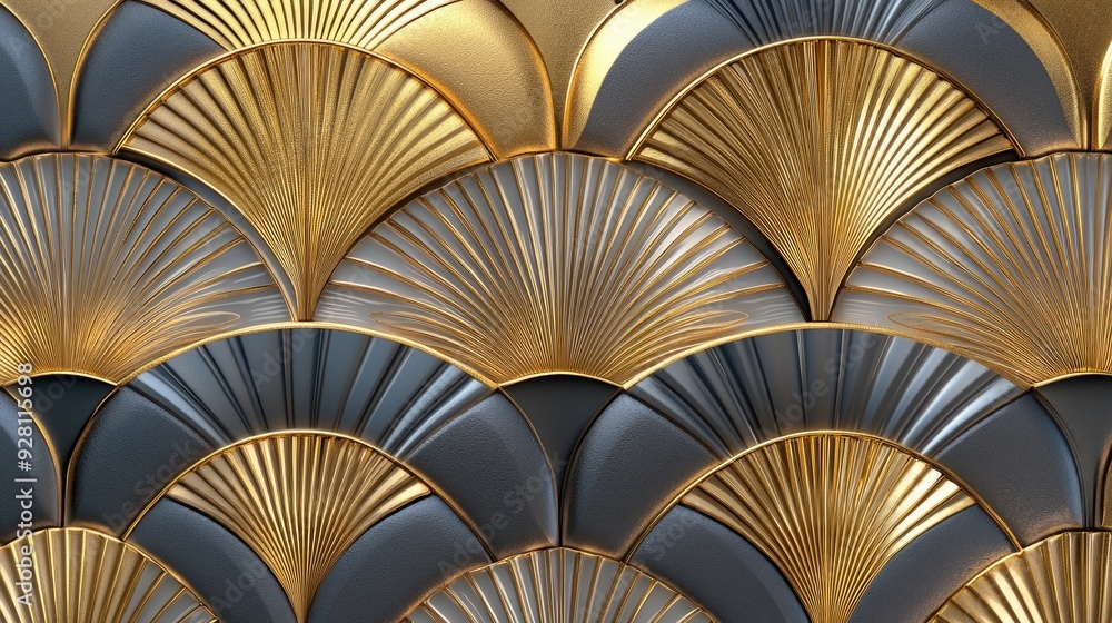 Art Deco background with elegant fan patterns in gold and silver on a dark base Art Deco background with elegant fan patterns in gold and silver on a dark base