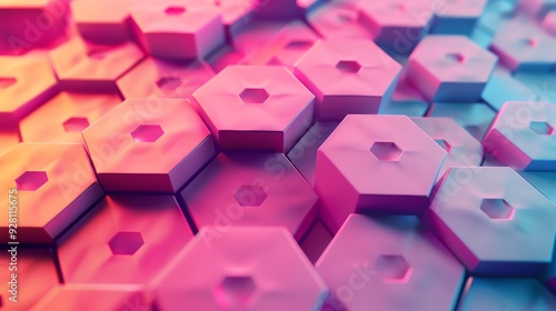 An abstract 3D rendering of a honeycomb pattern with pink and blue hexagons.