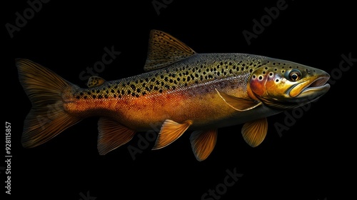 Vivid Brown Trout Illustration with Detailed Scales and Fins on Black Background