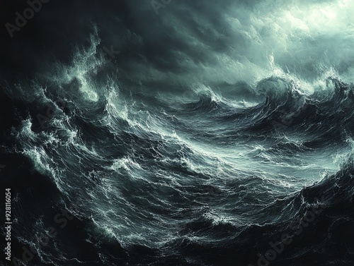 Dramatic seascape painting with stormy waves and a glimpse of sunlight breaking through dark clouds.