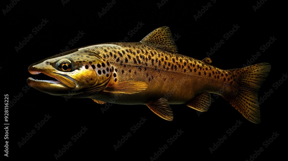 Close-up vivid brown trout fish isolated on black background showing gold scales pattern Close-up vivid brown trout fish isolated on black background showing gold scales pattern