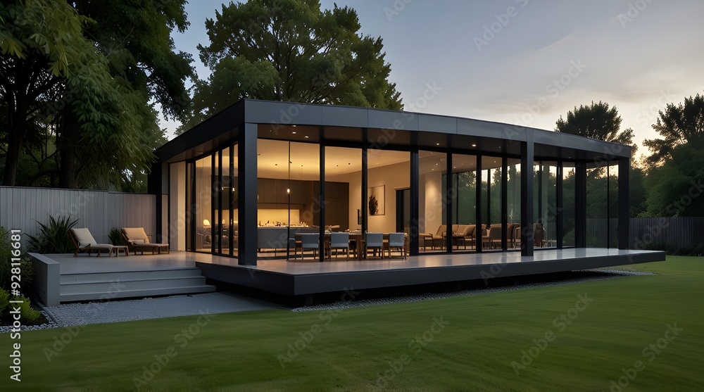 A modern luxury home featuring extensive glass windows and an expansive lawn.generative.ai A modern luxury home featuring extensive glass windows and an expansive lawn.generative.ai