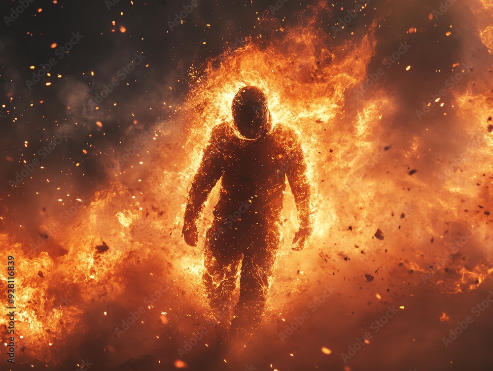 Fototapeta premium Illustrate a distant view of a character writhing in agony, surrounded by flames of searing heat Render the burning sensation with vivid detail using CG 3D