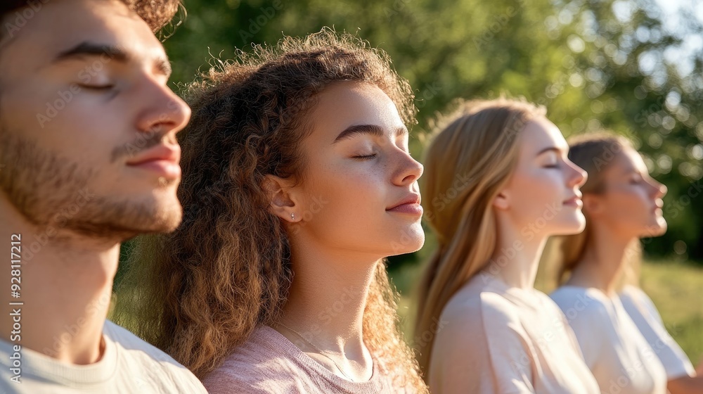 Diverse group of people meditating in a peaceful outdoor setting, finding balance and harmony Diverse group of people meditating in a peaceful outdoor setting, finding balance and harmony