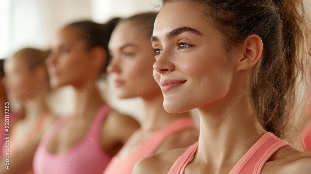 Diverse women in a fitness class, exercising together Diverse women in a fitness class, exercising together