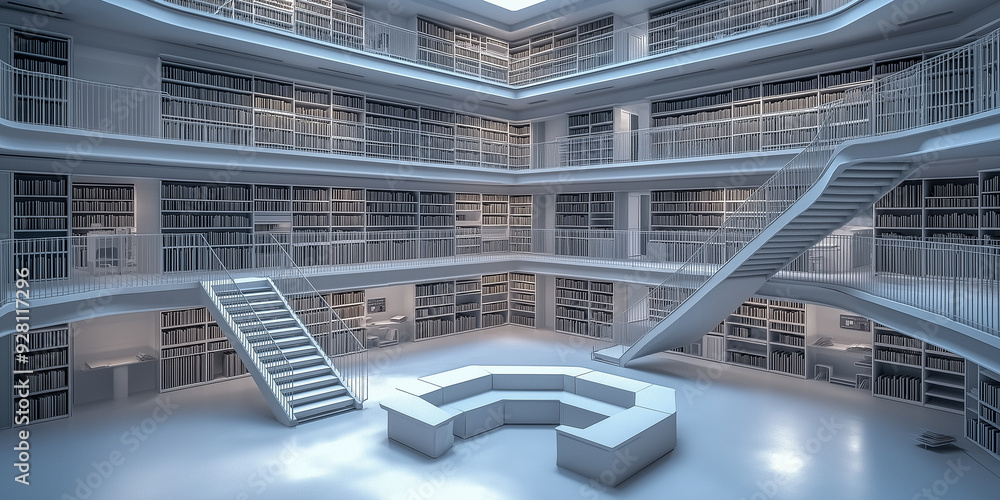Obraz premium Modern white library interior design with bookshelves and stairs