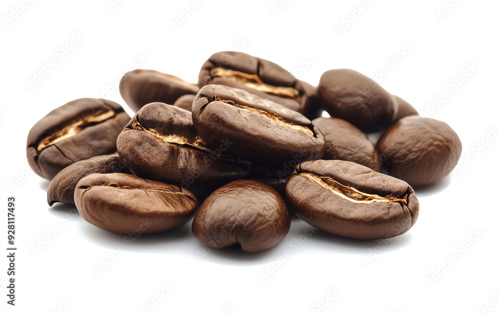 Obraz premium A close-up image of rich, roasted coffee beans, showcasing their texture and sheen, ideal for coffee lovers and culinary projects.