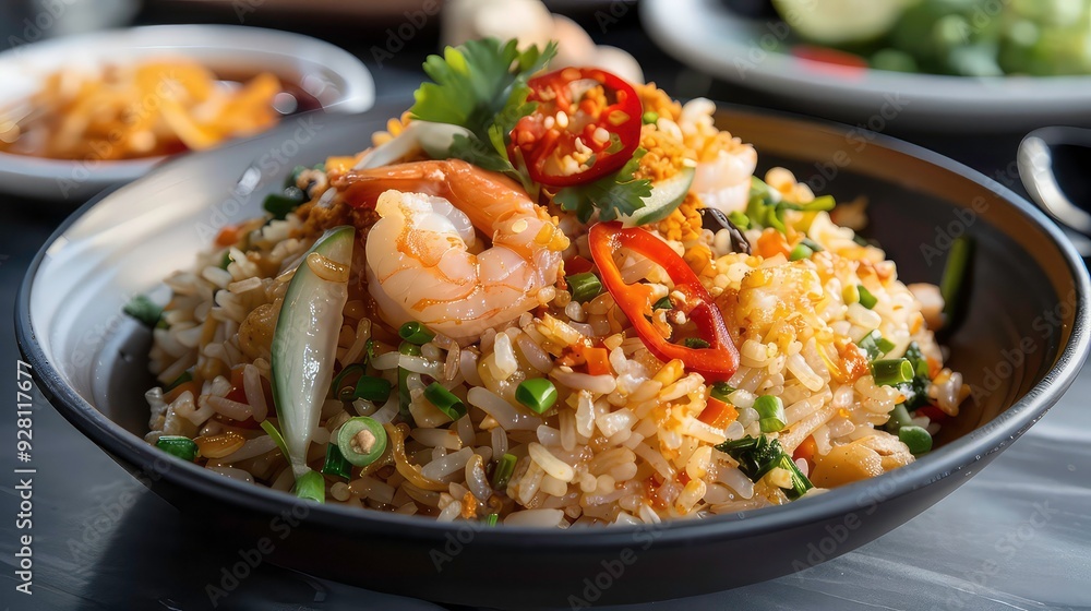 A bowl of rice with shrimp, vegetables, and red peppers. A bowl of rice with shrimp, vegetables, and red peppers.