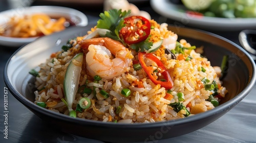 A bowl of rice with shrimp, vegetables, and red peppers.