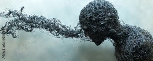 Generate a wire sculpture of a tangled knot resembling a distressed figure representing nagging emotions from a high-angle perspective Emphasize intricate details in this abstract