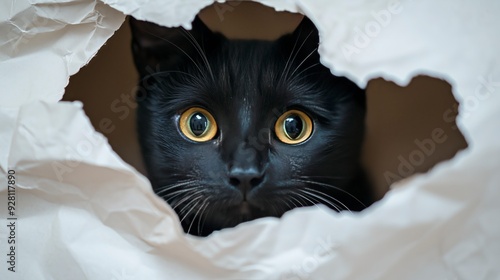 A black cat with yellow eyes peeks out from behind a white, crumpled paper bag.