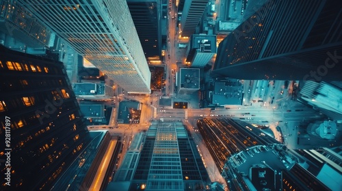 High-Altitude Image of a Modern Urban Area with Tall Buildings and Roads