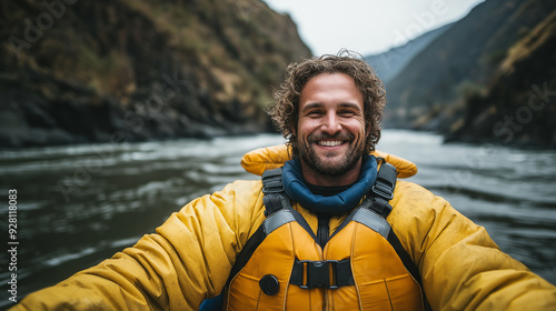 Kayaker smiling at camera wearing yellow life jacket on river