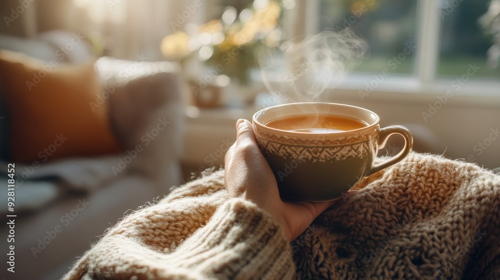a hand holding a steaming cup of herbal tea in a cozy living room, with a blanket draped over the arm of the chair, tranquil and inviting atmosphere. a hand holding a steaming cup of herbal tea in a cozy living room, with a blanket draped over the arm of the chair, tranquil and inviting atmosphere.