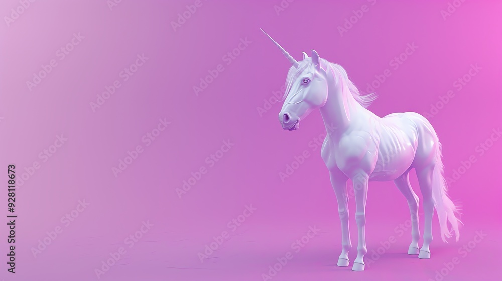 A white, 3D rendered unicorn stands on a pink background. A white, 3D rendered unicorn stands on a pink background.