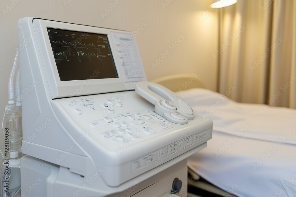 Medical devices on a hospital bedside table with copy space. Soft light. Patient room background Medical devices on a hospital bedside table with copy space. Soft light. Patient room background