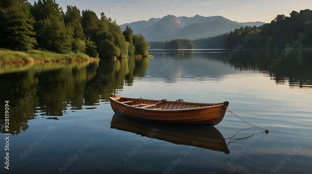 Wooden rowing boat on a calm lake.generative.ai Wooden rowing boat on a calm lake.generative.ai