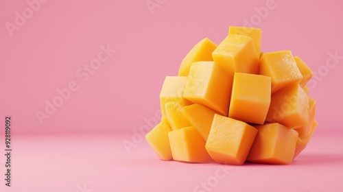 Pile of diced mango cubes on a vibrant pink background showcasing fresh juicy tropical fruit