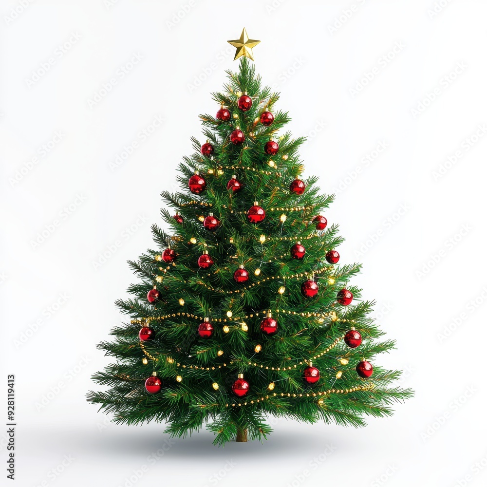 Festive Christmas Tree with Red Baubles and Golden Lights on White Background Festive Christmas Tree with Red Baubles and Golden Lights on White Background
