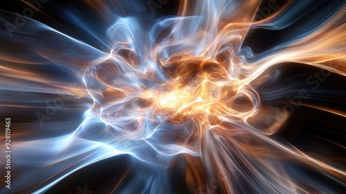 Abstract energy explosion in a digital art style, with radiant beams of light