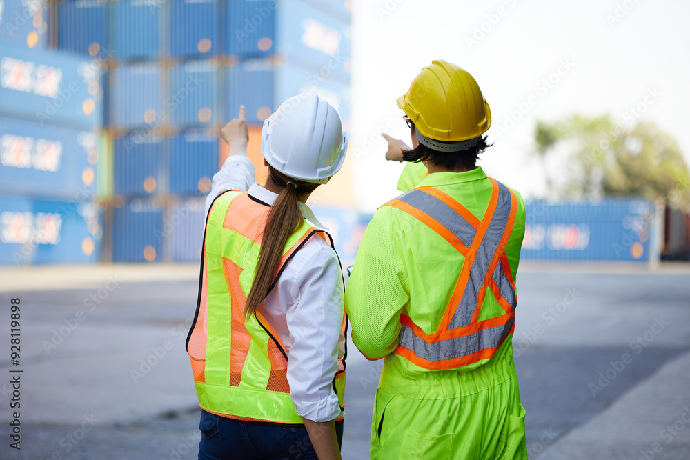 back view workers looking and pointing above in containers warehouse storage back view workers looking and pointing above in containers warehouse storage