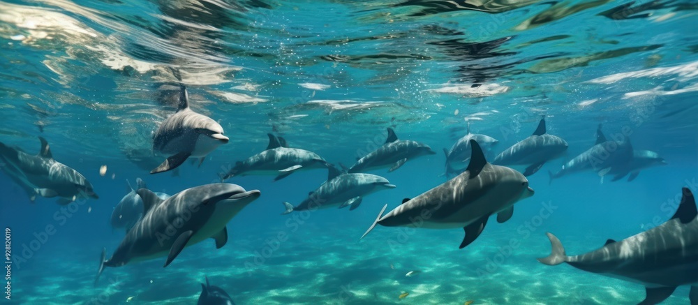 Fototapeta premium A School of Dolphins Swimming in the Turquoise Waters