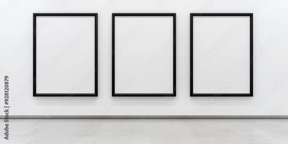 Three vertical blank black frames hanging on a white wall of an art gallery Three vertical blank black frames hanging on a white wall of an art gallery