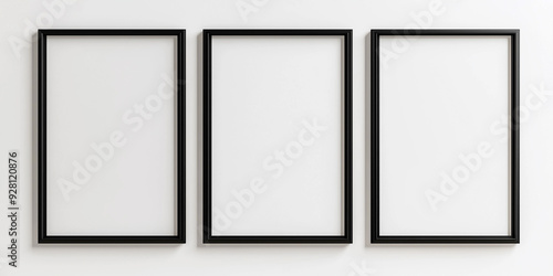 Three vertical black frames hanging on a white wall are displaying nothing