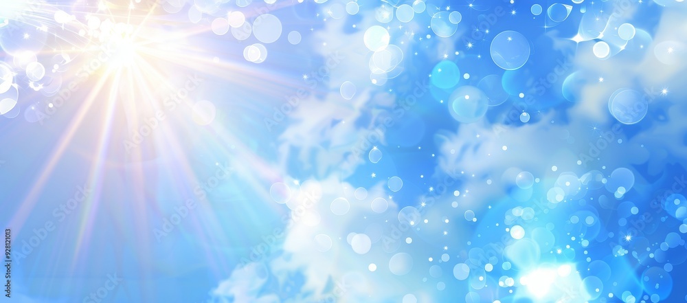 Abstract Blue Sky with Sun Rays and Bokeh Lights Abstract Blue Sky with Sun Rays and Bokeh Lights