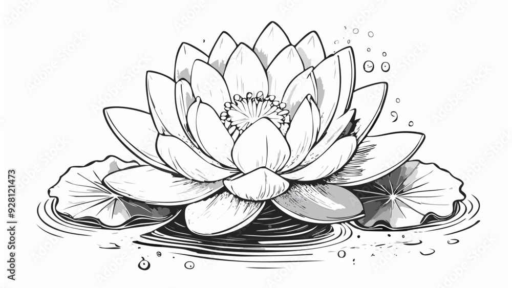 Fototapeta premium Lotus Lily Water Flower Sketch Illustration - Leaf Plant Black Floral Tattoo Chinese Blossom Tropical Nature
