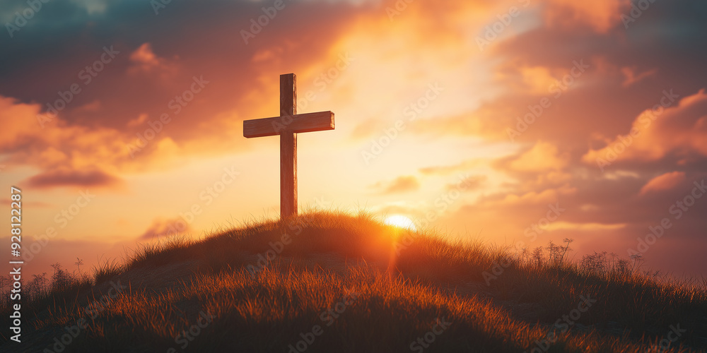 Christian wooden cross standing on a hill at sunset with dramatic sky Christian wooden cross standing on a hill at sunset with dramatic sky