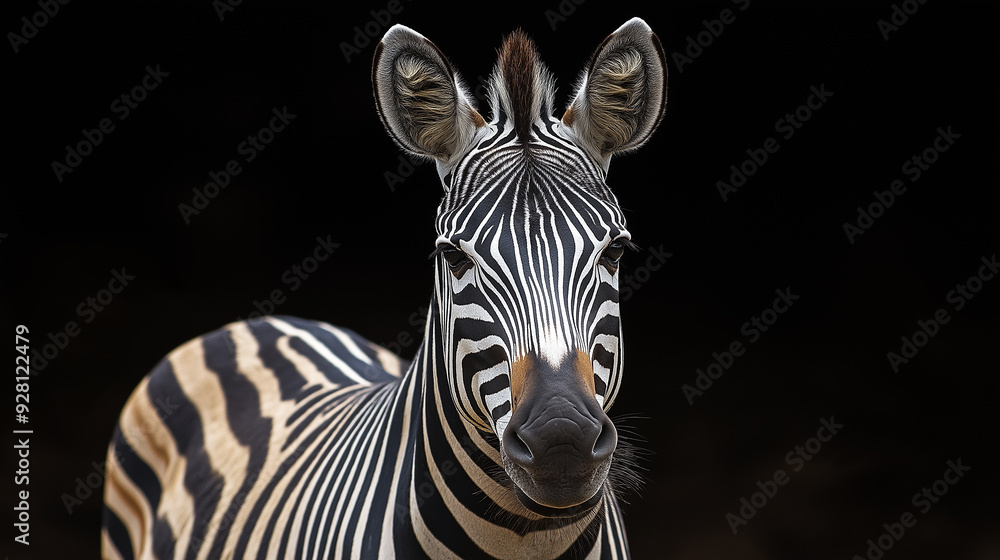 Zebra standing with black background showing stripes Zebra standing with black background showing stripes