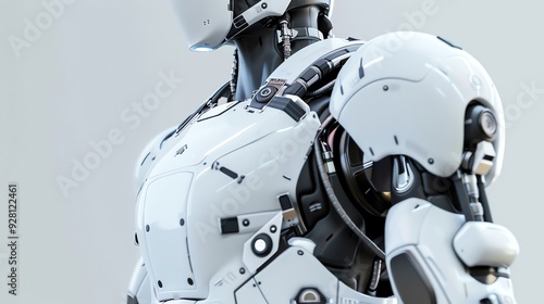 Close-up of a futuristic robot's head and shoulder.