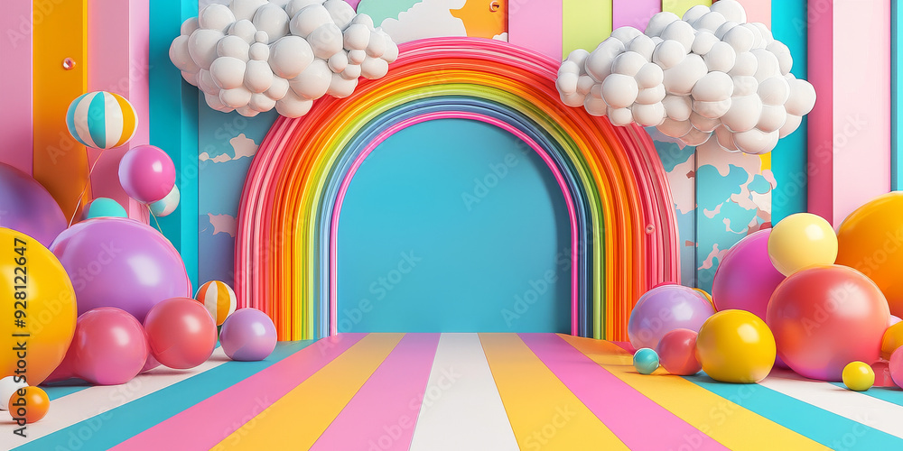 3D background with an arch, a striped floor, and colorful balls on the sides, generative AI 3D background with an arch, a striped floor, and colorful balls on the sides, generative AI