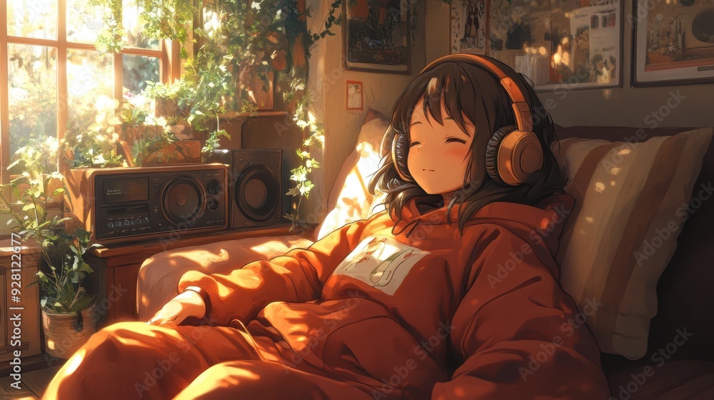 Fototapeta premium Relaxing Anime Character Listening to Lofi Music on Couch in Cozy Room