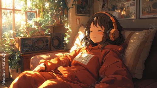 Relaxing Anime Character Listening to Lofi Music on Couch in Cozy Room