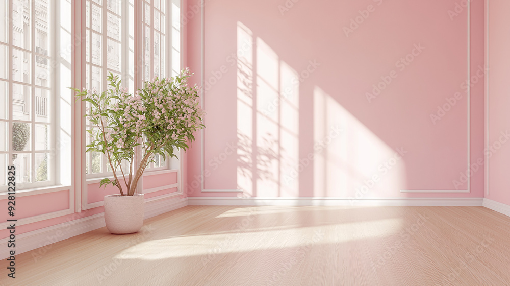 A clean, empty room with soft pastel pink walls, a large window letting in natural light A clean, empty room with soft pastel pink walls, a large window letting in natural light