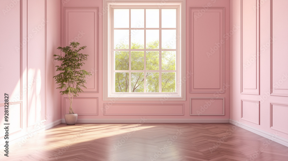 A clean, empty room with soft pastel pink walls, a large window letting in natural light A clean, empty room with soft pastel pink walls, a large window letting in natural light
