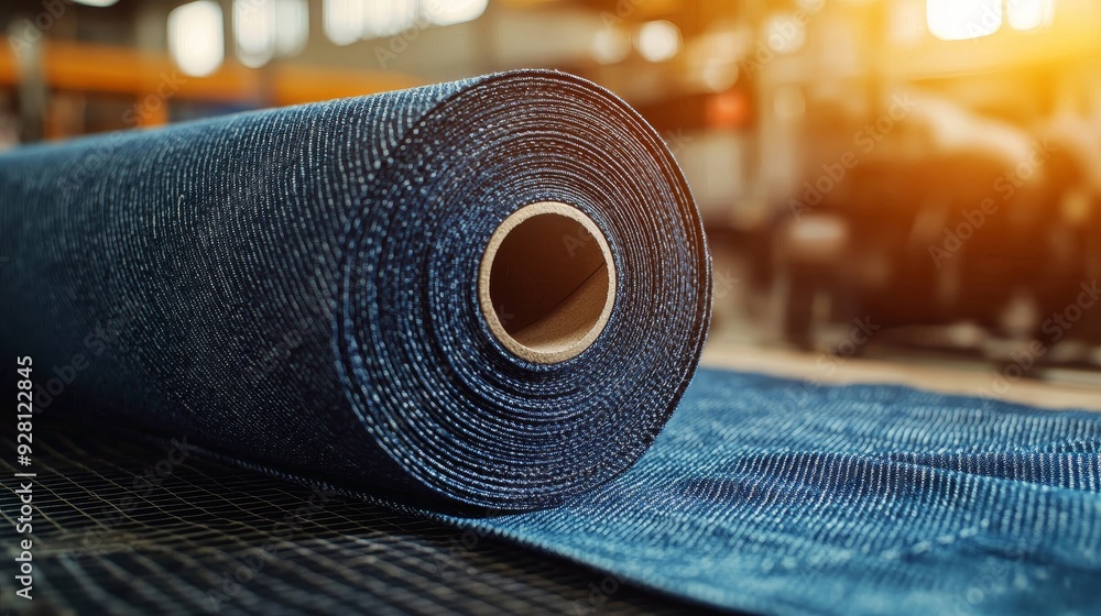 A close-up of a rolled denim fabric in a workshop, showcasing the texture and rich color of the material. A close-up of a rolled denim fabric in a workshop, showcasing the texture and rich color of the material.