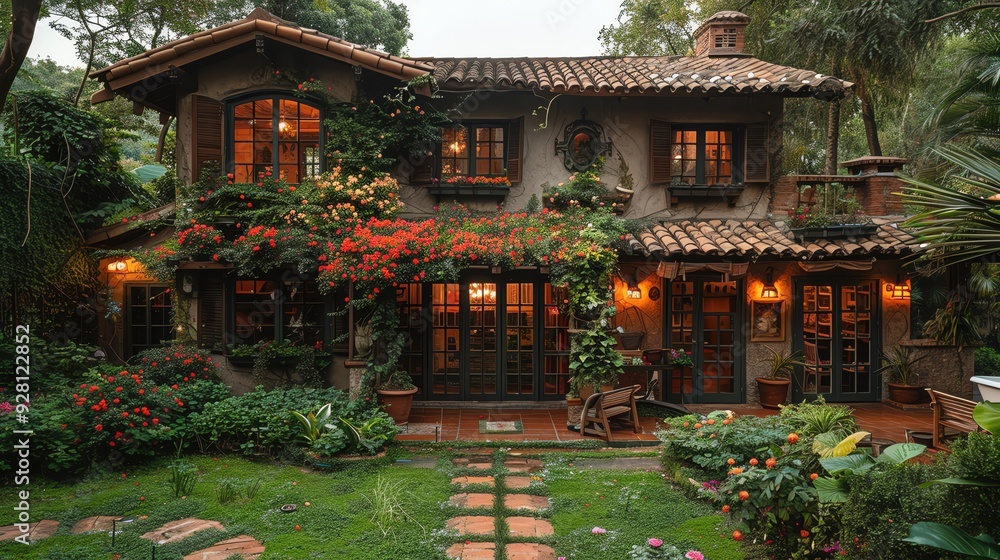 Obraz premium Charming abode with cozy layout, flowerfilled yard, rustic design, vibrant garden, soft natural light