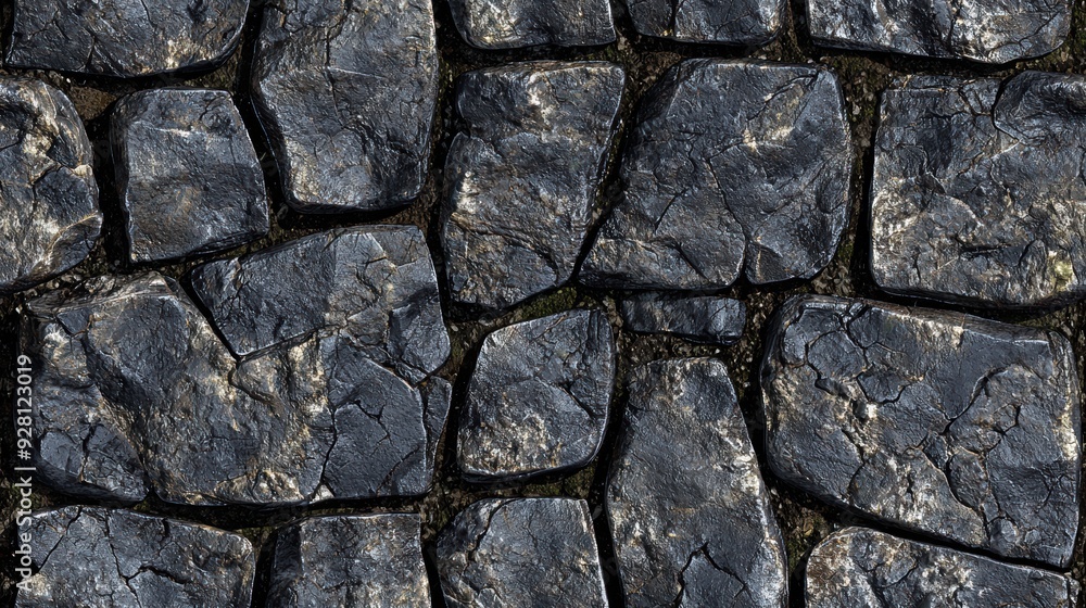 Close-Up of Dark Rock Texture with Cracks and Shiny Surface in Natural Light Close-Up of Dark Rock Texture with Cracks and Shiny Surface in Natural Light