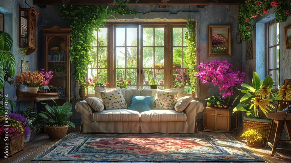 Obraz premium Cozy home with open arrangement, vibrant countryside outside, cottage design, blooming flowers, warm natural light