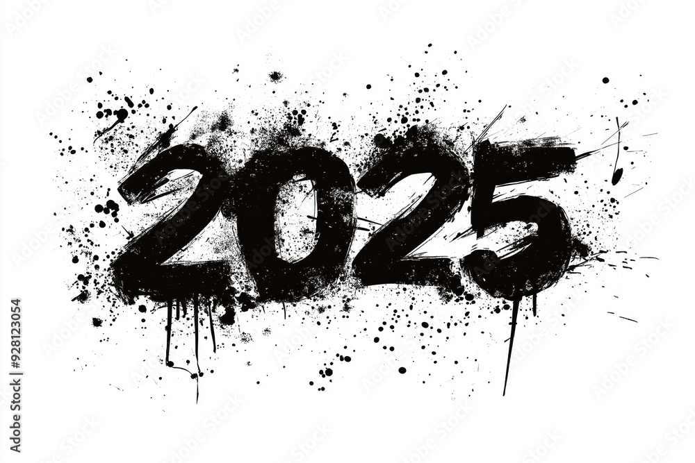Abstract Grunge 2025 Year Design with Black Ink Splatter on White Background Abstract Grunge 2025 Year Design with Black Ink Splatter on White Background