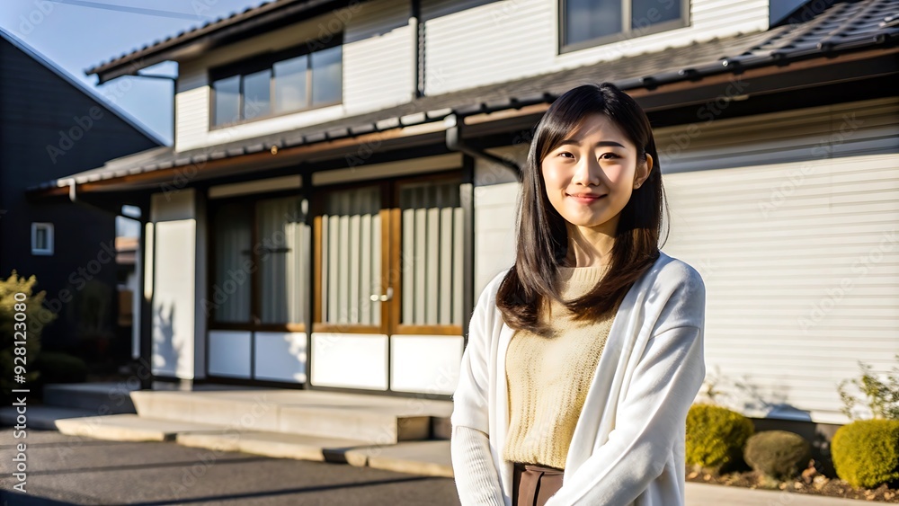 Young Asian woman standing in front of a house. Young Asian woman standing in front of a house.