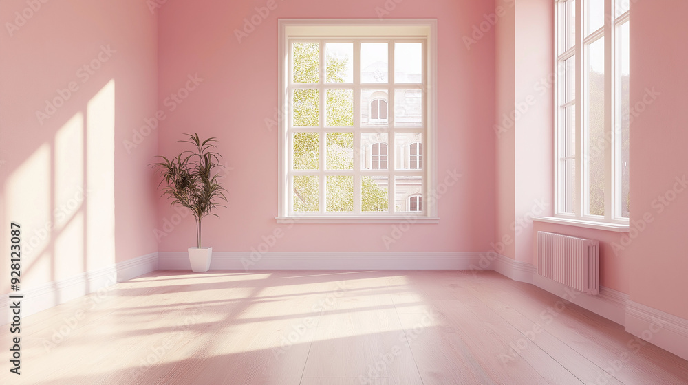 Fototapeta premium A clean, empty room with soft pastel pink walls, a large window letting in natural light